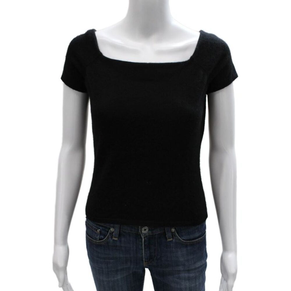 Heidi Weisel Women Black Wool Square Neck Short Sleeve Basic T-Shirt Size S